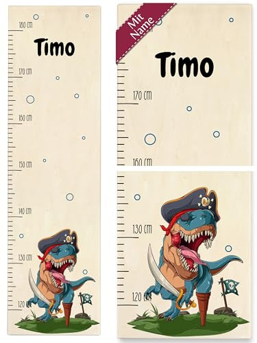 Messlatte Kind Holz - Dinosaurier - T-Rex Dino Pirat Dinosaurier-Piratenabenteuer mit TRex Piraten-TRex - 120-180 cm - Holz - t rex holzlatte bunt für kinder grössenmass name messstange