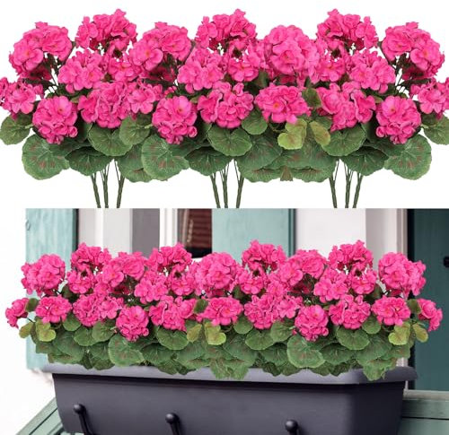 Weldomcor 3 Flores Artificiales, Flores de Geranios de Seda con Hojas Verdes, Ramo de Geranios Falsa Realista para jardín, hogar, Oficina, Fiesta, Boda, decoración de Centro de Mesa, Rosa Roja
