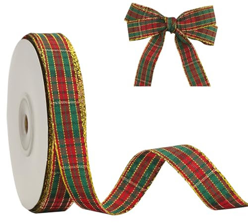 G2PLUS Rot und Grün Geschenkband 15mm, Schmal Weihnachten Karoband mit Goldkante, 22m Plaid Weihnachten Bänder für Geschenke, Dekoband zum Weihnachtskränze, Weihnachtsbaum Deko