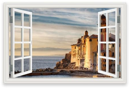 Quadro con effetto 3D- Casa con vista sul mare Immagine su tela per finestra - Paesaggio moderno Decorazione per la casa - Allungata e pronta per essere appesa 80x120 cm (31,5x47,3) Con cornice