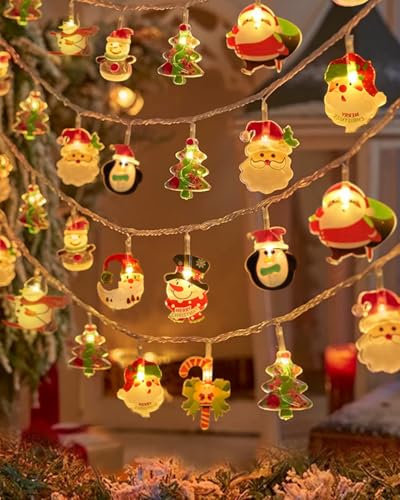 GEEKEO Guirnalda de Luces Navidad, 5M 40LEDs Luces Navidad Exterior y Interior, Cadena Luces Navidad a Pilas con Papá Noel Muñeco de Nieve para Adornos Arbol Navidad,Balcon,Jardín Decoración Navidad