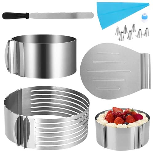 HDKAJL Kit Pâtisserie 4 Pièces, Cercle à Gâteau Réglable 16-30 cm, Trancheur de Gâteau avec Guide, Couteau à Gâteau 42 cm, Accessoires de Décoration avec Douilles