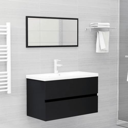 TREISL Juego de muebles de baño de 2 piezas negro de aglomerado mueble bajo el lavabo espacio adicional armario de baño aspecto ordenado mueble lavabo robusto muebles multifuncionales