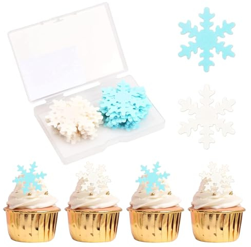 50 PCS Essbare Schneeflocken Tortendeko, Schneeflocken Kuchen Dekorationen für Winter-Thema Geburtstagsparty (Blau+Weiß)