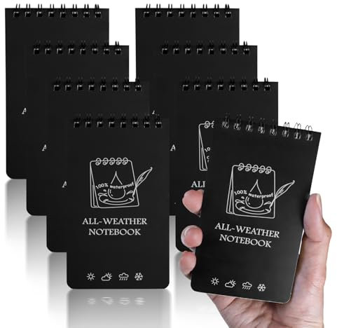 CXRYLZ-FUR 8 Stück Mini Wasserdichtes Notizblock, Notizbuch Klein, 12,7x7,6cm Taschen-Notizheft, Pocket Allwetter Notizblöcke mit Top-Spirale Field Notes für Aktivitäten im Freien Militär (Schwarz)