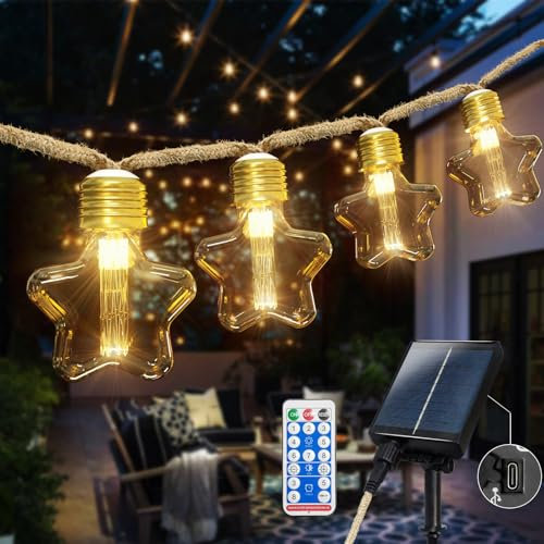 Star String Lights Solar & USB Outdoor, 8M 16 LED, Bohemian Style Hemp Rope, 8 Modes & 4 Brightness Levels, IP44 Waterproof, for Garden, Balcony, Party and Wedding, with Remote Control. Transparent