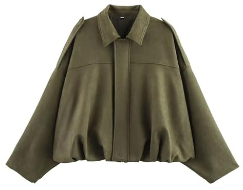 Xunger Women's Faux Suede Bomber Jacket Spring Lapel Pilot Coat Casual Oversized Long Sleeves Trendy Streetwear Outerwear, Green, Medium