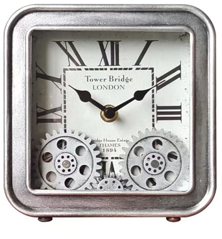 Hnycinj Steampunk Silver Desk Clock, 6 Inch Silent Non-Ticking | Metal table clock with silent nonticking quartz movement, battery operated, industrial decor for man cave, home office shelf