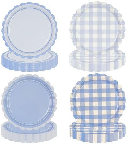 EVYIENEN Lot de 48 assiettes en carton vichy bleu - Bord ondulé - Jetables - Avec motif à carreaux - Décoratives - Pour fête prénatale, mariage et fêtes à thème