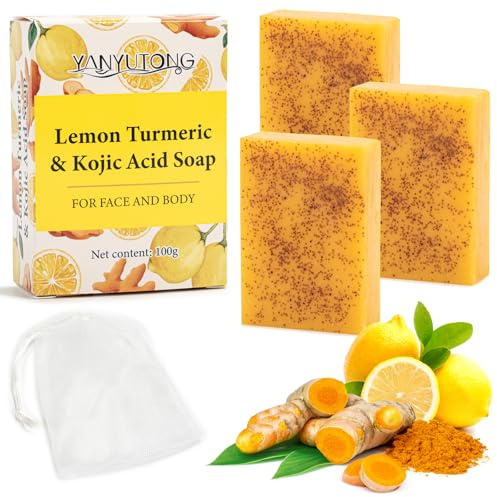 Kojic Acid Soap, 3 Stück Zitrone Kojisäure-Seife, Kurkuma Seifenstück für Gesicht und Körper, Entfernen Dunkler Flecken, Tiefenreinigung, Lemon Turmeric Soap mit einem Schaumnetz