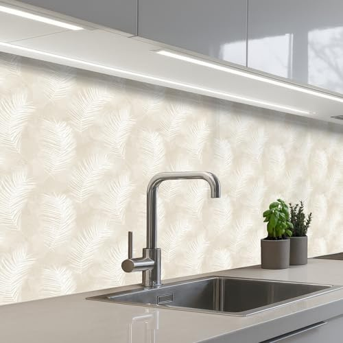 KitchenYeah© Credence Adhesive Pour Cuisine Panneau Mural Adhesif Fond De | 60x150 cm - Hotte Plaque Pvc Murale Peel And Stick Protege Mur Feuilles - Beige - Blanc - Botanique - Nature