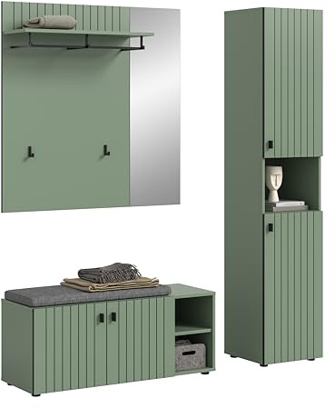 xonox.home – 3-TLG. Garderobenkombination Station 161x192x37 cm in Smoke Green – Komplettes Set mit Sitzbank inkl. Kissen, Paneel & Schrank – Ordnung für den Flur