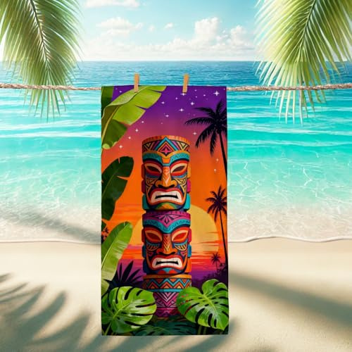 Tropical Tiki Mikrofaser-Strandtuch, buntes Masken-Design, schnell trocknend, weich, sandfrei, übergroß, leicht, Outdoor-Reiseutensilien, 88,9 x 178,8 cm