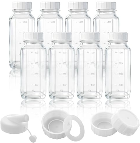 MEIDIV 8 Pack Glass Milk Bottles with Lids, 500 ml/16oz Glass Juice Bottles with Lids Airtight, Milk Storage Bottles Container with Clearn Mark, Smoothie Bottle for Fridge