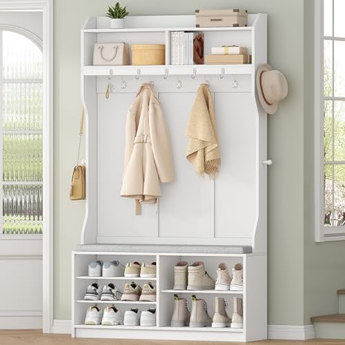 HEXCELEN Garderobenständer mit Schuhbank, Garderobe, 14 Haken, Weiß