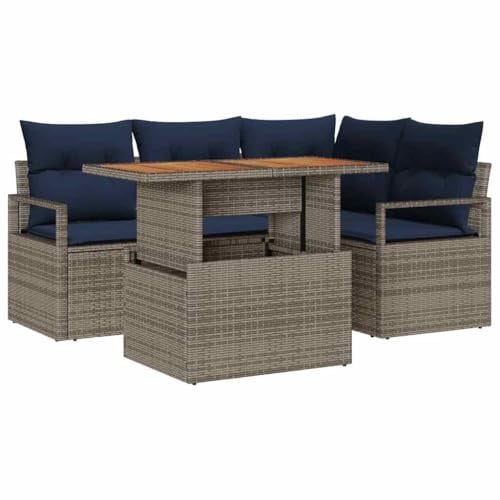 vidaXL Garten Essgruppe mit Kissen 5 pcs Grau und Marineblau, Garten und Terrasse, modernes Außensofa-Set, modulare Sitzmöbel, wetterfest, UV-beständig, leichtes Design
