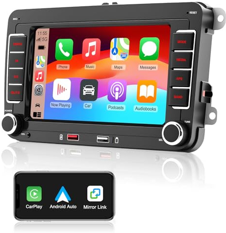 Autoradio per Golf 5 6 Passat Jetta Caddy Polo Tiguan EOS Touran T5 Skoda Caddy, Car Radio con CarPlay Wireless Android Auto, Display IPS da 7 inch, Mirror Link, Bluetooth, FM/AM/RDS, USB, EQ, Canbus
