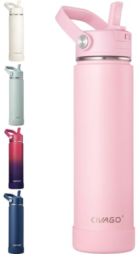 CIVAGO Insulated Stainless Steel Water Bottle with Detachable Straw, 750ml Metal Sports Drink Bottle with Bucket Handle, Leakproof Reusable Flask with Silicone Boot for Travel, Dishwasher Safe, Pink