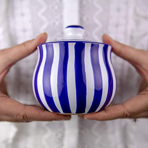 City to Cottage Ceramic Sugar Bowl with Lid, 10oz Sugar Contanier for Coffee Bar, Sugar Dispenser Bowl, Salt - Condiment Pot for Kitchen Counter, Handcrafted Navy Blue Stripe Coastal Sugar Jar