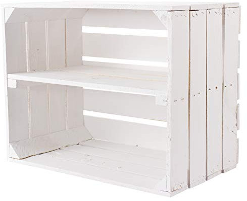 Weiße Kiste für Schuhregal und Bücherregal aus Holz - Obstkiste mit Mittelbrett in Shabby chic - Neue Holzkiste rustikal - Obstkistenregal Regalkiste Kistenregal Regal Ablagefach 50x40x30 cm