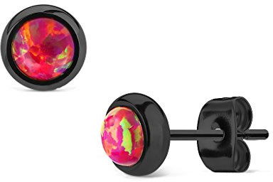 Bungsa Damen Ohrstecker mit einem 6mm Opal-Stein aus 316L Edelstahl (Schwarz-Rot)