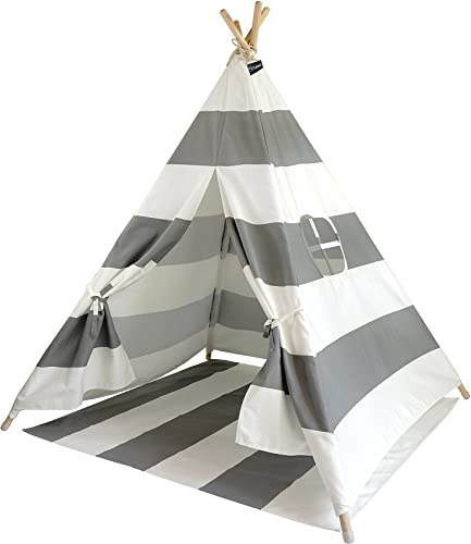 Hej Lønne Tipi Zelt für Kinder (grau, gestreift), Indianerzelt, 4 Stangen, 120x120x150cm, Baumwolle