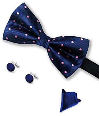 LABEL-CRAVATE Nœud papillon déjà noué et réglable « bleu-marine pois rose » boutonnières et pochette costume