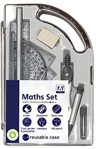 9 Piece Maths Geometry Set School Exam Stationery Ruler Compass Protractor Set Squares CMAT