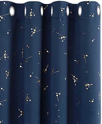 Deconovo Eyelet Blackout Curtains, Gold Constellation Printed, Thermal Insulated for Bedroom, 66 x 54 Inch, Navy Blue, 2 Panels