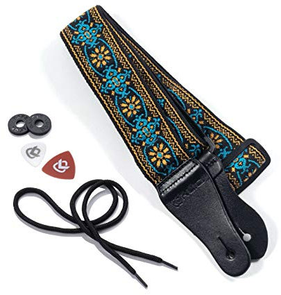 KLIQ Gewebter Retro-Gitarrengurt für Akustik- und E-Gitarren, 60er Jahre, Jacquardgewebe, Hootenanny-Stil, 2 Gummi-Gurtsicherungen im Lieferumfang enthalten, Classic-Hippie Blue/Gold