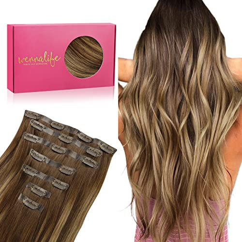 WENNALIFE Nahtlose Clip In Extensions Echthaar, 35cm 9pcs 130g Balayage Schokoladenbraun bis Karamellblond Echthaar Extensions Clip Natürliche Seamless PU Clip in Extensions Haarverlängerung Echthaar