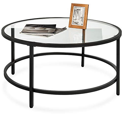 Best Choice Products 36 en Verre Trempé Rond Moderne Accent Latéral Table Basse pour Salon Salle à Manger Thé, Home Decor w/Cadre Métal, Chapeaux Pieds Non Marring - Noir