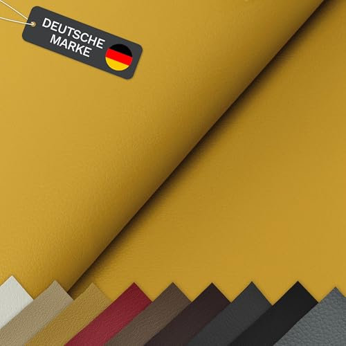 Lycce Kunstleder Meterware soft | 68.000 Scheuertouren | 1 lfm x 1,40 m breiter Polsterstoff für versch. DIY Projekte, als Möbelstoff & zur Reparatur | hohe Lichtechtheit | 430 g/m² | senf