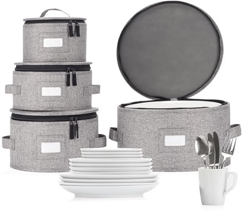 Lot de 4 boîtes de rangement en porcelaine pour vaisselle – Coque rigide et empilable – Tailles : 30,5 cm – 25,4 cm – 21,6 cm et 17,8 cm de large – 48 séparateurs d'assiettes inclus