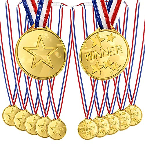 OWill 12 Stücke Set Gold Kunststoff Medaillen Kinder, Sportauszeichnung, Wettbewerb und Kindergeburtstag Medaillen Party Preisen Auszeichnungen
