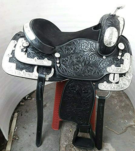 Equestrian Universe Westernsattel mit silberfarbenen Ecken, Canchos und Sattelkissen, Schwarz