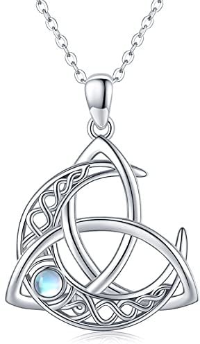 Keltische Kette 925 Sterling Silber Keltischer Mond Anhänger Halskette Trinity Knot Mondstein Mond Göttin Halskette Schmuck Geschenke für Frauen Damen Mädchen
