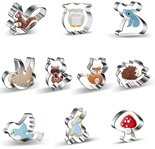 Woodland Animal Ausstechformen-Set, Formen – 10-teilig – Eichhörnchen, Eule, Koala, Faultier, Waschbär, Fuchs, Igel, Vogel, Hase, Pilz, Keksausstecher – Edelstahl