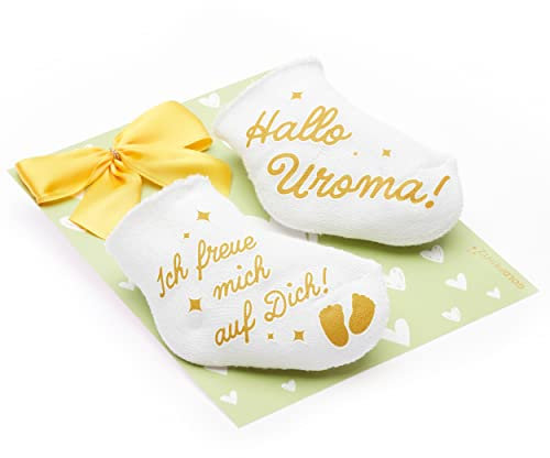 goldprintz I Du wirst Uroma I Schwangerschaft verkünden I goldig bedruckte Babysocken mit Herz Postkarte I Wir bekommen ein Baby verkünden I Verkündung Schwangerschaft I Baby Überraschung Babynews