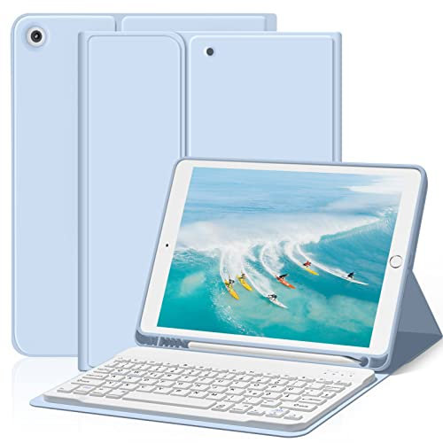 ZOYU Hülle mit Tastatur für iPad 9. 8. 7. Generation 2021 2020 2019, iPad 9/8/ 7 10,2 Zoll Hülle mit Tastatur, Bluetooth Keyboard Folio mit Stifthalter, QWERTZ Layout, Himmelblau