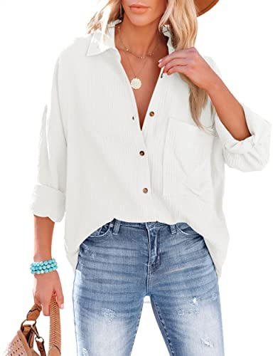 NONSAR Bluse Damen Lässiges Hemd mit V-Ausschnitt 100% Baumwolle Lockere Passform Solide Dickes Oberteil Elegant mit Tasche(9353M,Weiß)