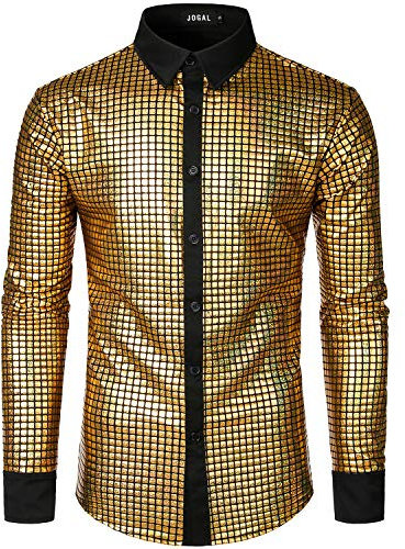 JOGAL Herren Langarm Pailletten Kleid Glitzer Hemd 70er Disco Party Kustüm Gold Klein