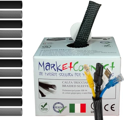 MarketConnect® Guaina Cavi Espandibile Ø 15mm, L 30mt • Raccogli e Nascondi Cavi • Ideale per Scrivania e TV • NERO • INDUSTRIALE SMALL