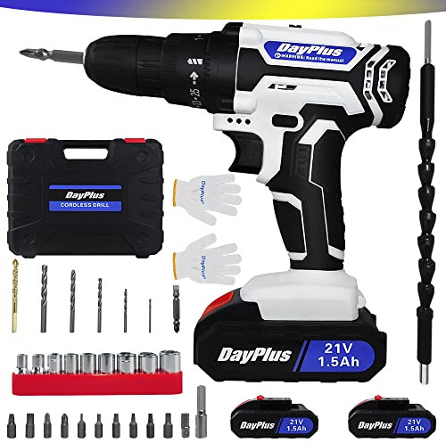 YouseaHome Cordless Drill Driver 21V Screwdriver Set, 25+1 Torque Setting Electric for Drilling Wall Wood Metal, 42N.m Max w/29PCS Bits, LED Light & 2 Batteries, White+black