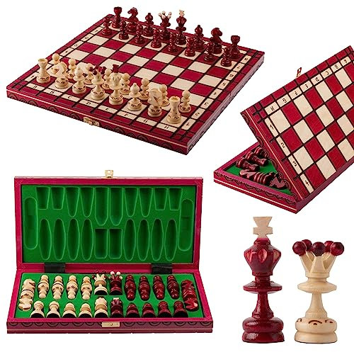 Master of Chess Scacchiera in Legno 35cm - Fatto a Mano Scacchiera Portatile - Rosso Set di Scacchi Pieghevoli per Bambini e Adulti