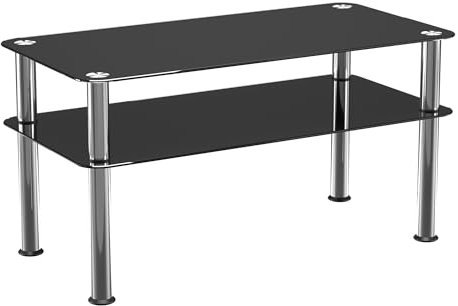 AVF Black Glass Coffee Table - Gloss Black Glass & Chrome Legs - 80 x 40 x 42cm High - Tempered Safety Glass with Useful Lower Shelf - Tool Free Assembly - SDCT8040