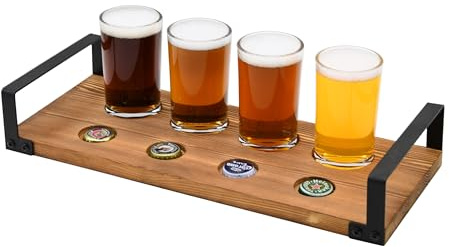 OwlGift Wood Craft Beer Flight w/Bottle Cap Storage Sampler Tray Holder Serving Set w/ 4 Glasses & Black Metal Handles – Dark Brown