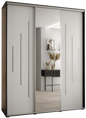 MEBLE KRYSPOL Davos 13 200 Schrank mit DREI Schiebetüren für Schlafzimmer - Moderner Kleiderschrank mit Spiegel, Kleiderstange und Regalen - 235,2x200x60 cm - Schwarz Weiß Silber