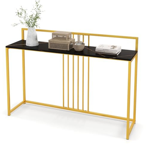 CASART Modern Console Table, Compact Faux Marble Accent Entryway Table, Metal Frame Sofa Side Table Gold Foyer Table for Hallway Living Room Corridor (Black + Gold)
