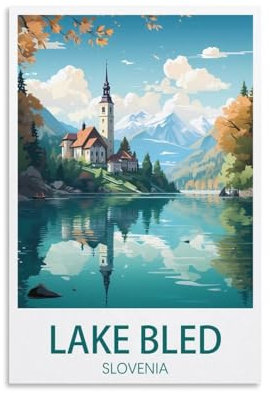 Lake Bled Slowenien Vintage Reiseposter Landschaft 50 x 75 cm Wandkunstdruck Leinwand Kunst Poster Modern Familie Schlafzimmer Dekor Poster